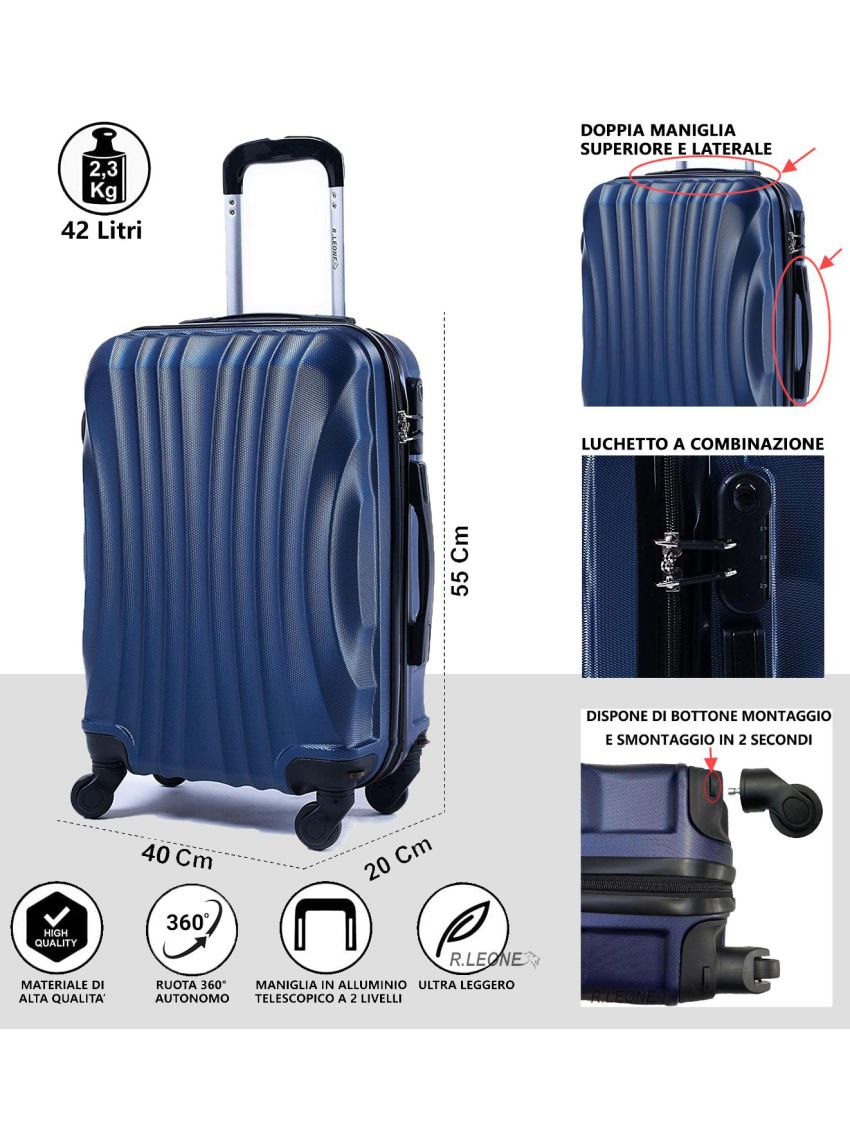 R.Leone Valigia 55x40x20 cm Bagaglio a mano 4 Ruote smontabile 60x40x20 Capienza Massima Trolley in ABS adatto Ryanair, Easyjet, Wizzair, Iberia, Lufthansa, Tui, Vueling -BLU-S ( Bagaglio mano )