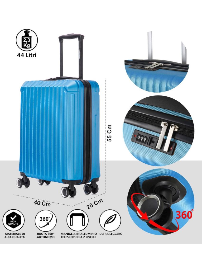 R.Leone Valigia Ryanair 55x40x20 cm + 40x20x25 cm 1pezzo a Set 2 Pezzi Trolley Bagaglio a mano 4 Ruote e Beauty Case in ABS 2208 2