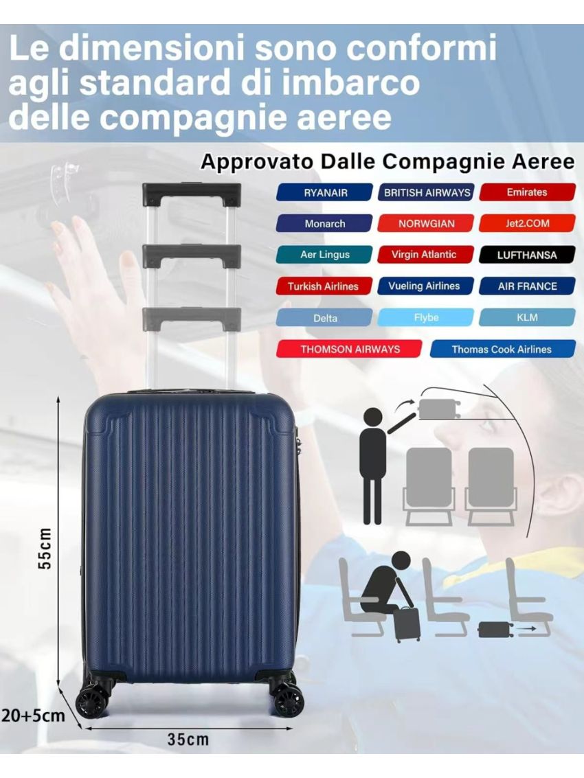 R.Leone Valigia 55x35x20 espandibile 55x35x25 cm Trolley Bagaglio a mano 4 Ruote in ABS Air Asia, Air France, Ita airways, KLM, EasyJet, Ryanair 3182 