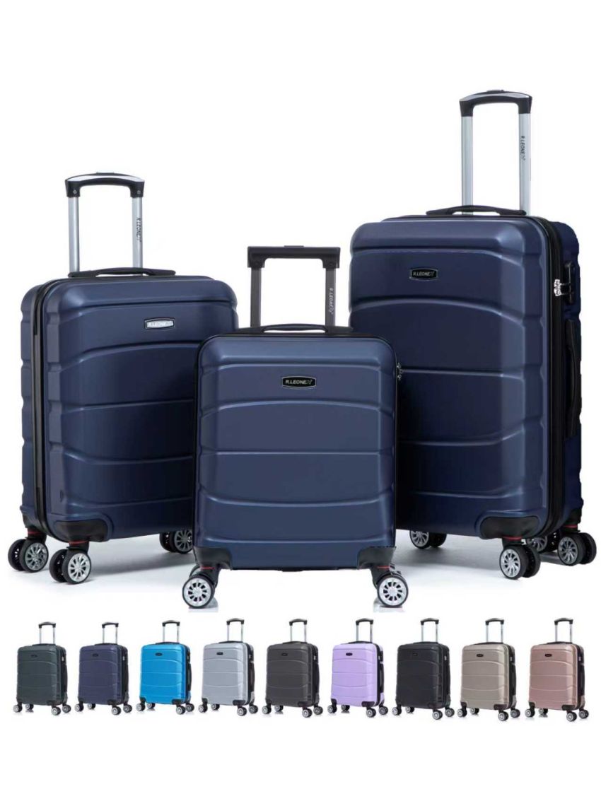 R.Leone Valigia da 1 Fino a Set 4 Trolley Rigido grande, medio, bagaglio a mano 55x40x23 cm Wizz, ITA Airways e bagaglio 45x36x20 cm EasyJet in ABS 8001