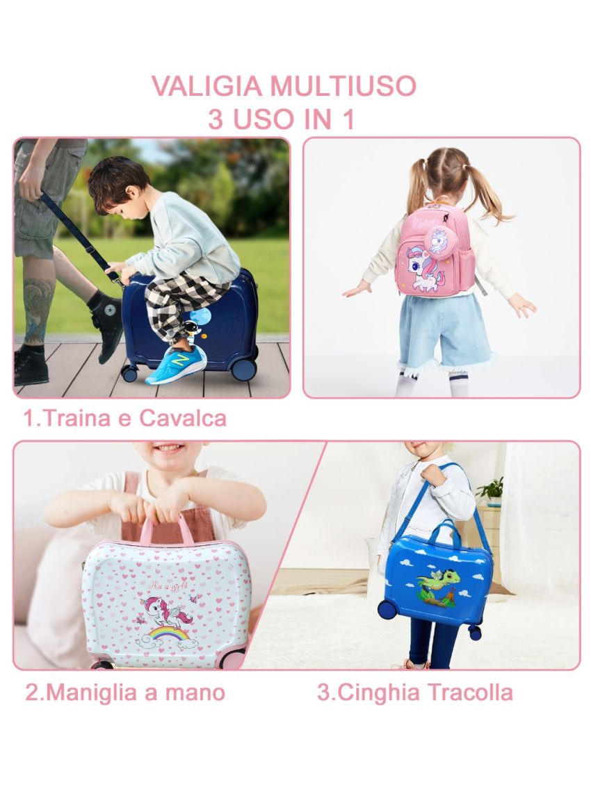 R.Leone Valigia Cavalcabile per Bambina EasyJet 45x36x20 cm + 30x23x14 cm Set 2 Pezzi Trolley Bagaglio a mano 4 Ruote e Zaino 325