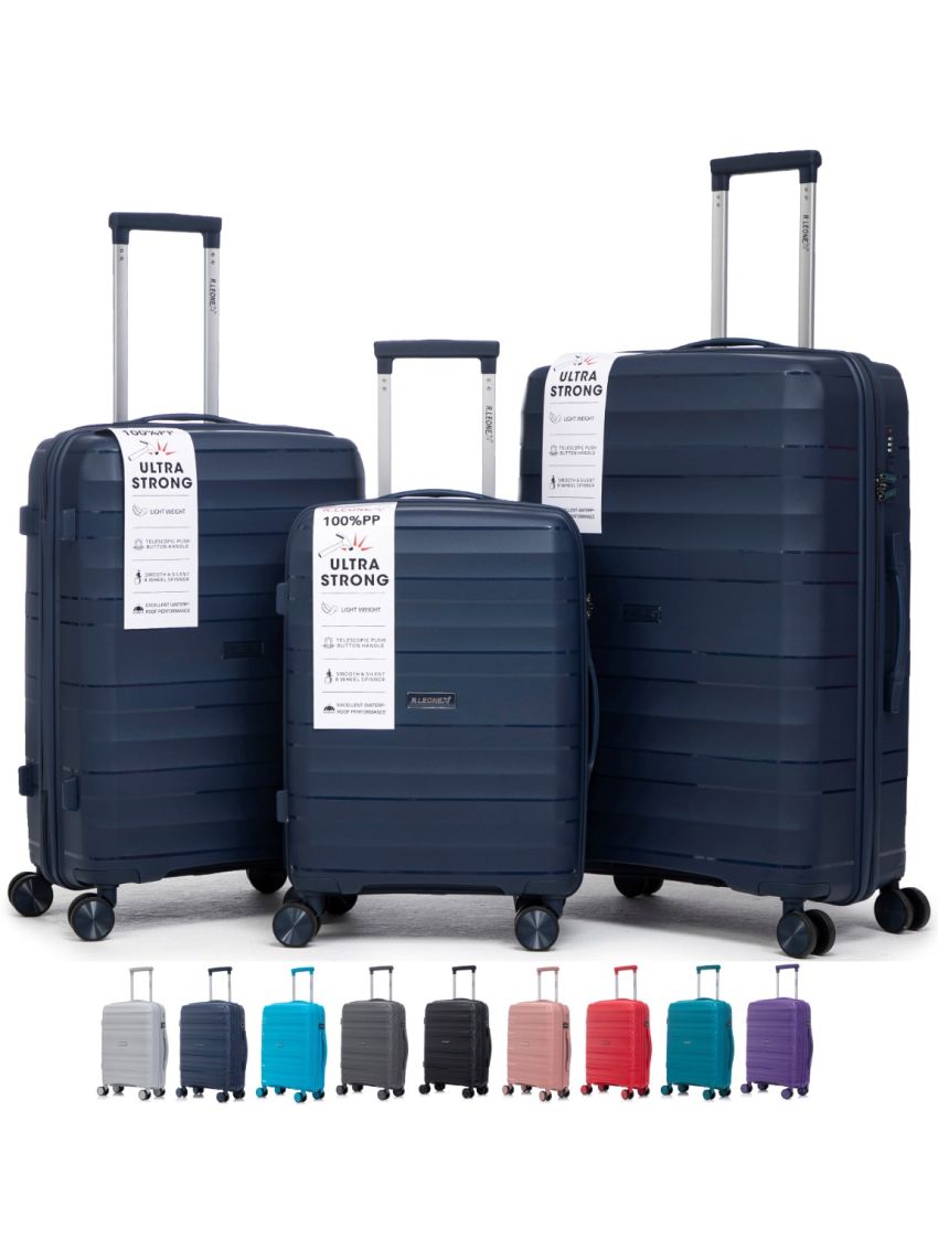 R.Leone Valigia da 1 Fino a Set 3 Bagaglio a mano 55x40x20 Ryanair, Medio, Grande Ultra Strong Antiurto Resistente Trolley rigido leggero 8 ruote in Polipropilene 9180