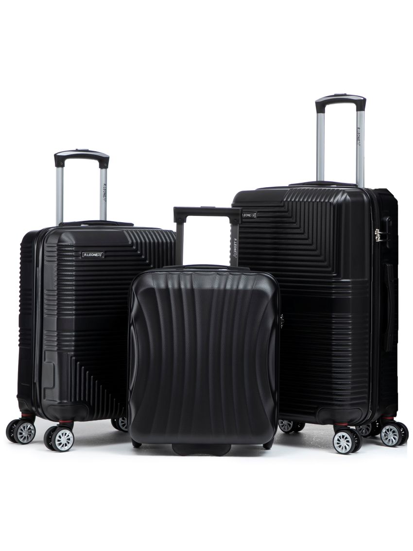 R.Leone Valigia da 1 Fino a Set 4 Trolley Rigido grande, medio, bagaglio a mano 55x40x23 cm Wizz, ITA Airways e bagaglio 45x36x20 cm EasyJet in ABS 8005-SET 3 L M XS-Nero