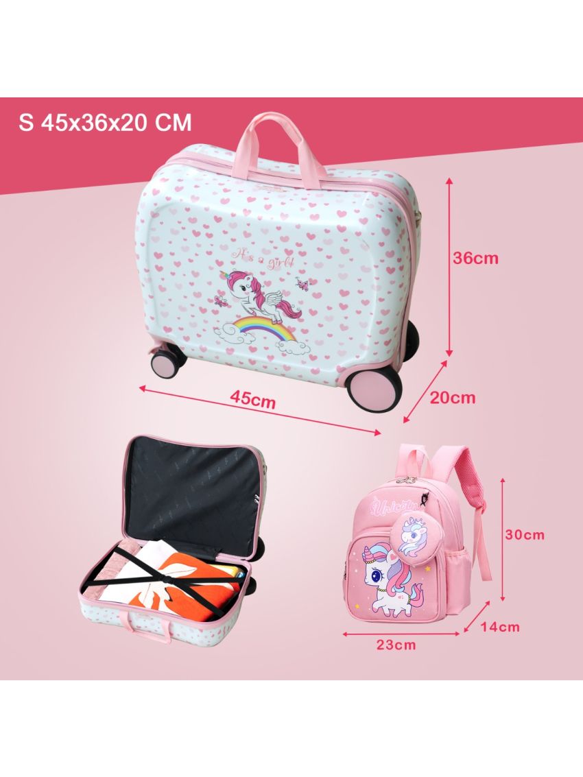 R.Leone Valigia Cavalcabile per Bambina EasyJet 45x36x20 cm + 30x23x14 cm Set 2 Pezzi Trolley Bagaglio a mano 4 Ruote e Zaino 325
