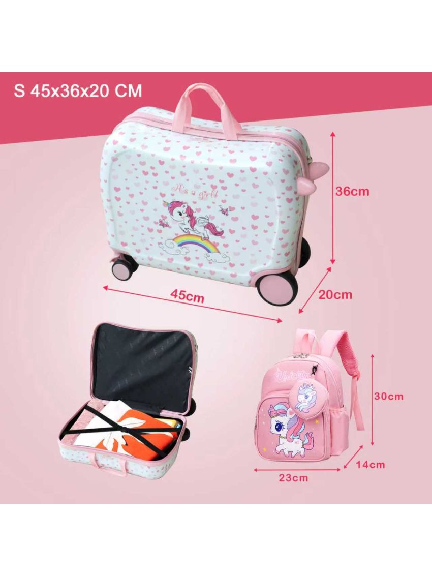 R.Leone Valigia Cavalcabile per Bambina EasyJet 45x36x20 cm + 30x23x14 cm Set 2 Pezzi Trolley Bagaglio a mano 4 Ruote e Zaino 3252