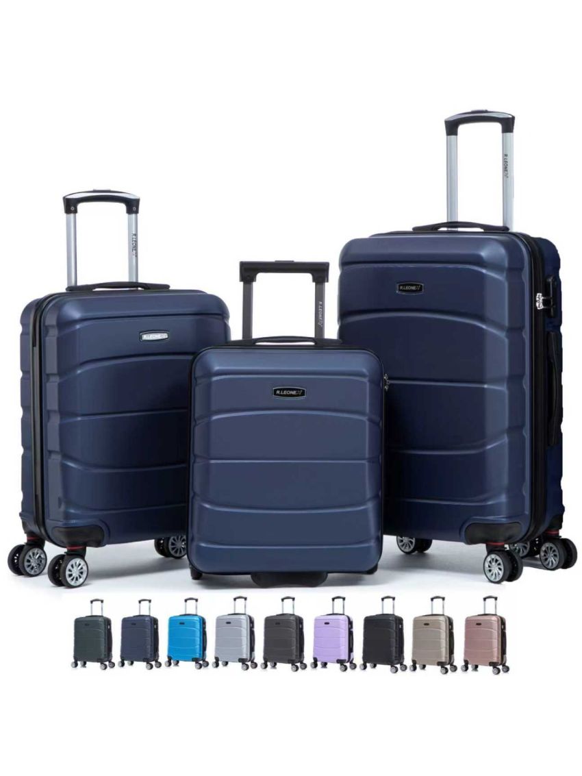 R.Leone Valigia da 1 Fino a Set 4 Trolley Rigido grande, medio, bagaglio a mano 55x40x23 cm Wizz, ITA Airways e bagaglio 45x36x20 cm EasyJet in ABS 8001