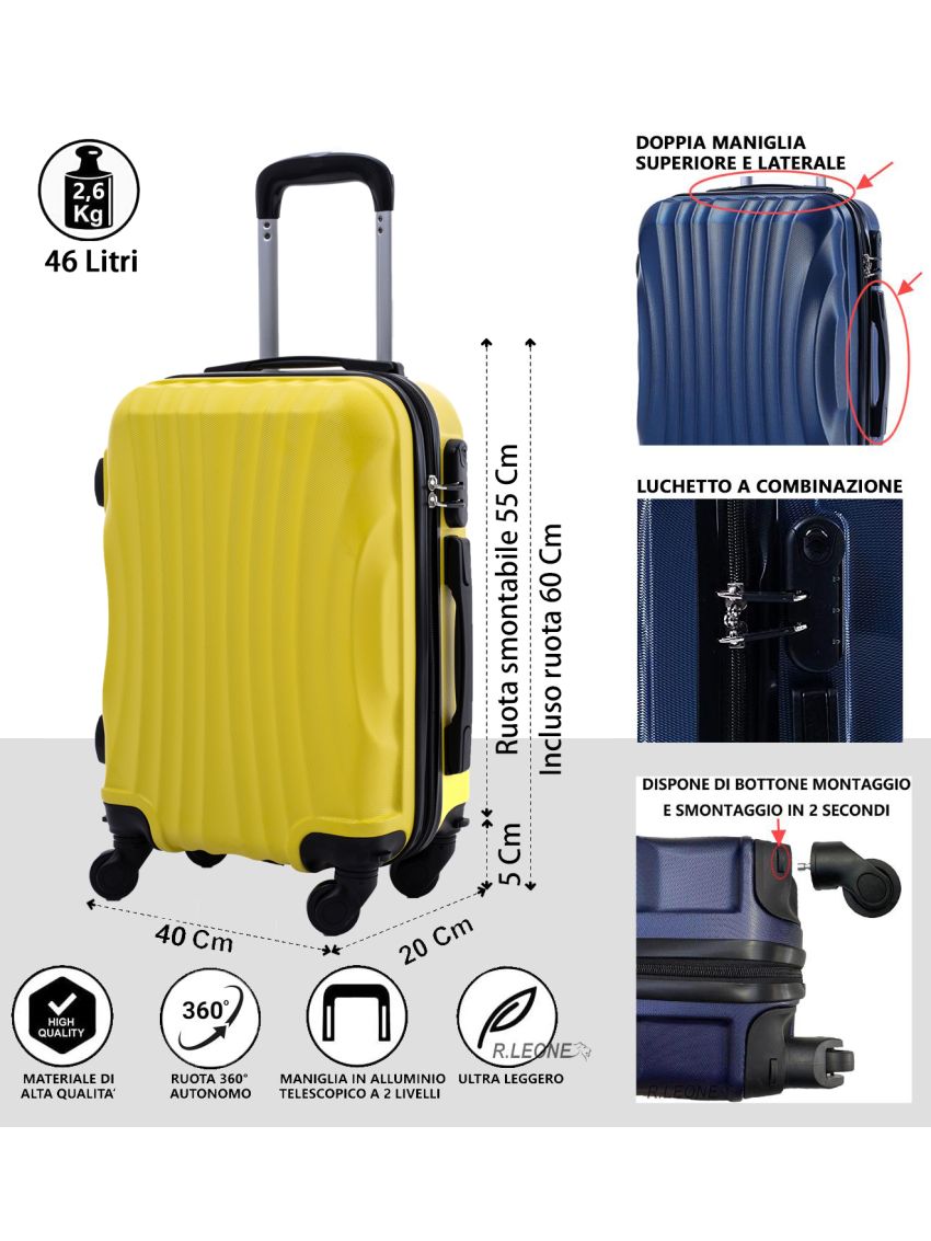 R.Leone Valigia 55x40x20 cm Bagaglio a mano 4 Ruote smontabile 60x40x20 Capienza Massima Trolley in ABS adatto Ryanair, Easyjet, Wizzair, Iberia, Lufthansa, Tui, Vueling -GIALLO-S ( Bagaglio mano )