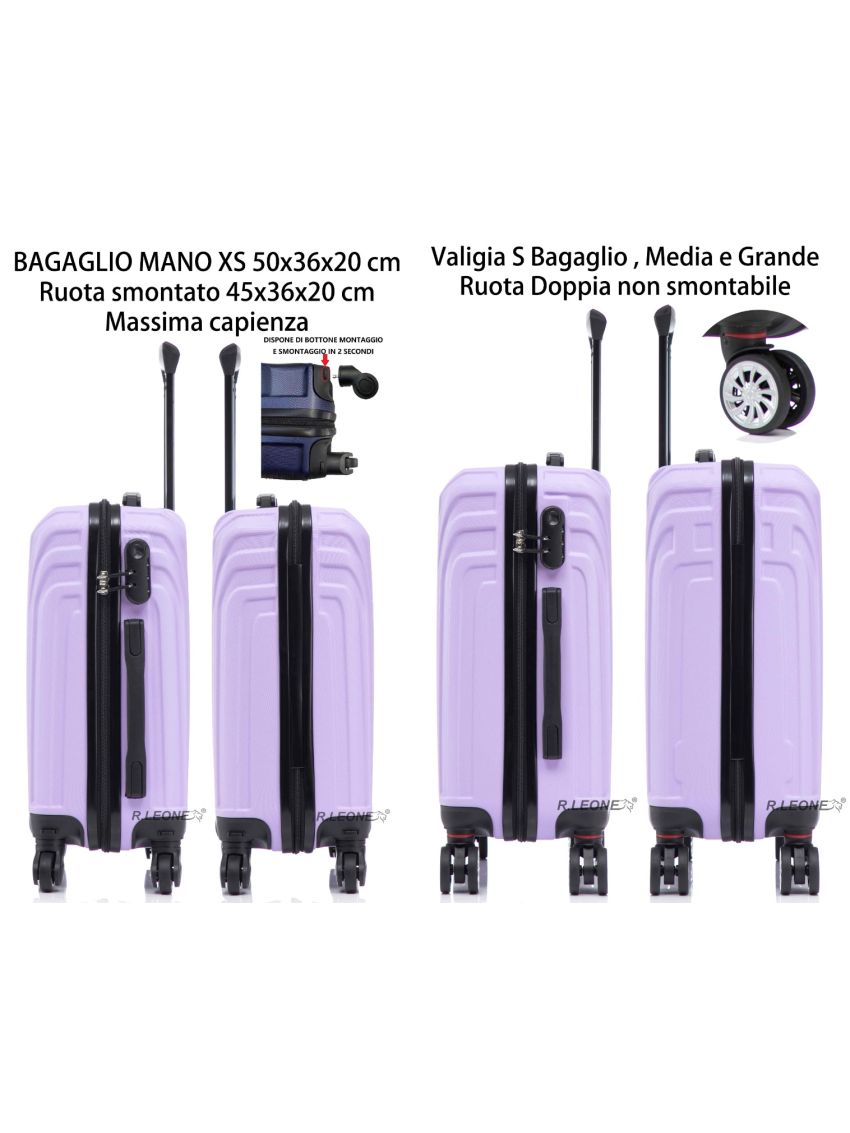 R.Leone Valigia da 1 Fino a Set 4 Trolley Rigido grande, medio, bagaglio a mano 55x40x23 cm Wizz, ITA Airways e bagaglio 45x36x20 cm EasyJet in ABS 9001 NEW