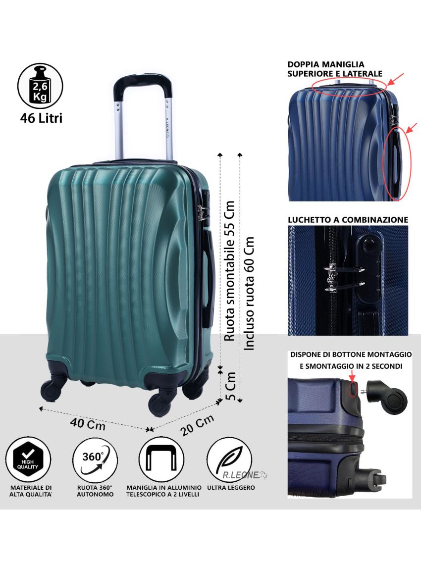 R.Leone Valigia 55x40x20 cm Bagaglio a mano 4 Ruote smontabile 60x40x20 Capienza Massima Trolley in ABS adatto Ryanair, Easyjet, Wizzair, Iberia, Lufthansa, Tui, Vueling -VERDE SCURO-S ( Bagaglio mano )