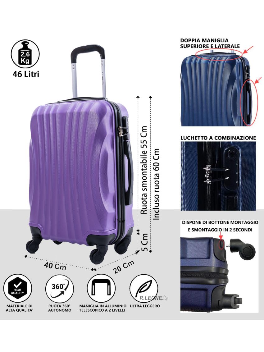 R.Leone Valigia 55x40x20 cm Bagaglio a mano 4 Ruote smontabile 60x40x20 Capienza Massima Trolley in ABS adatto Ryanair, Easyjet, Wizzair, Iberia, Lufthansa, Tui, Vueling -VIOLA-S ( Bagaglio mano )