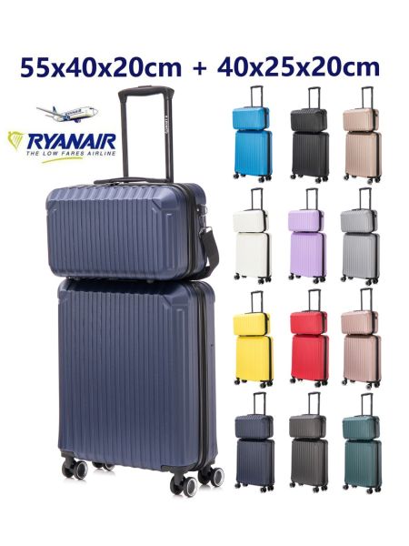  R.Leone Valigia Ryanair 55x40x20 cm + 40x20x25 cm 1pezzo a  Set 2 Pezzi Trolley Bagaglio a mano 4 Ruote e Beauty Case in ABS 2208 1