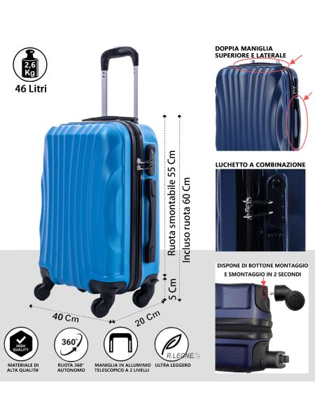 R.Leone 60x40x20 ruota smontabile 55x40x20 cm Ryanair Valigia Bagaglio a mano 4 Ruote Rimovibili Capienza Massima Trolley in ABS 2037MAX-AZZURRO-S ( Bagaglio mano )