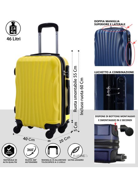 R.Leone Valigia 55x40x20 cm Bagaglio a mano 4 Ruote smontabile 60x40x20 Capienza Massima Trolley in ABS adatto Ryanair, Easyjet, Wizzair, Iberia, Lufthansa, Tui, Vueling -GIALLO-S ( Bagaglio mano )