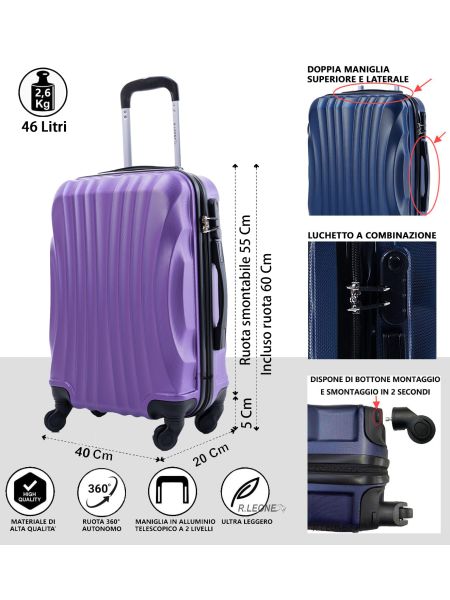 R.Leone Valigia 55x40x20 cm Bagaglio a mano 4 Ruote smontabile 60x40x20 Capienza Massima Trolley in ABS adatto Ryanair, Easyjet, Wizzair, Iberia, Lufthansa, Tui, Vueling -VIOLA-S ( Bagaglio mano )